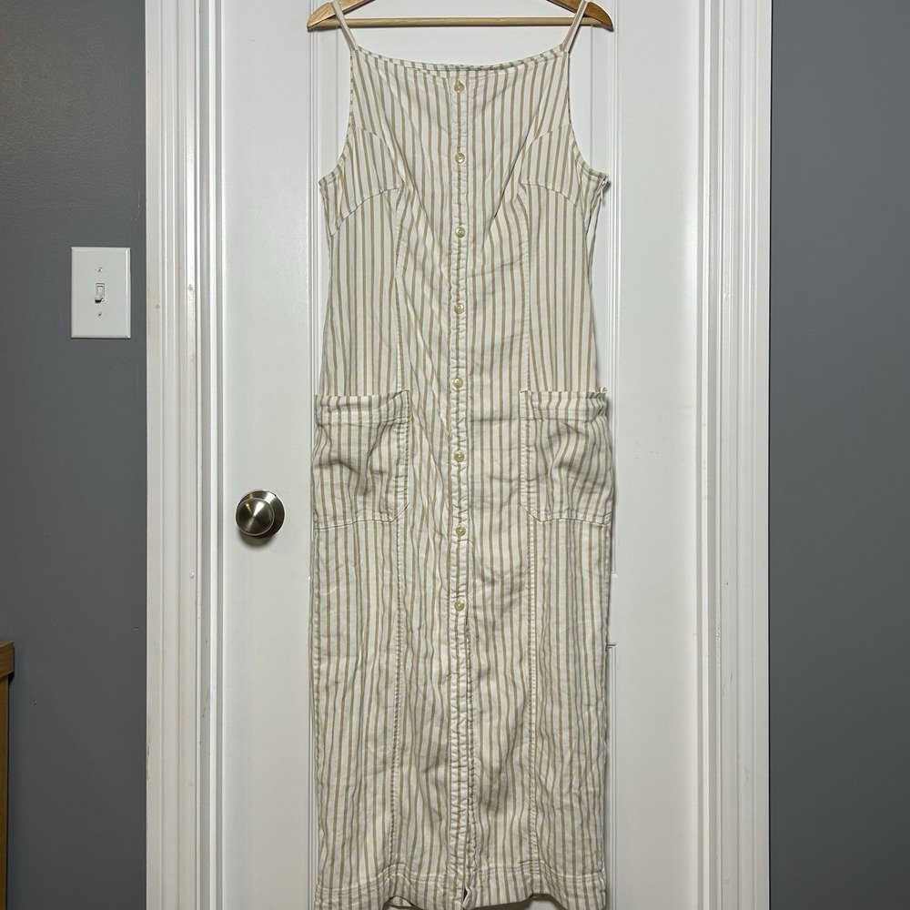 Maeve Anthropologie Linen Blend Ivory Beige Stripe Colette Sleeveless Midi Dress